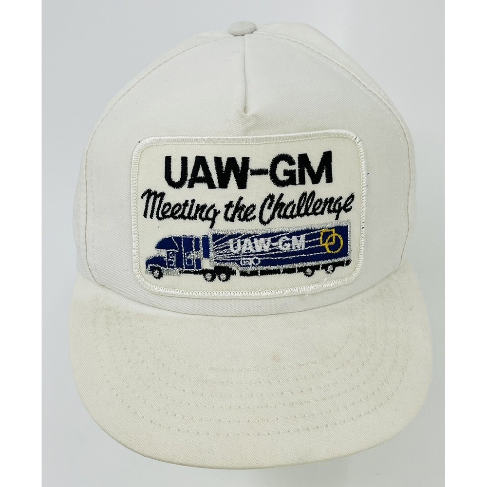 Vintage UAW GM Meeting the Challenge Trucker Hat Patch Adjustable Strap USA